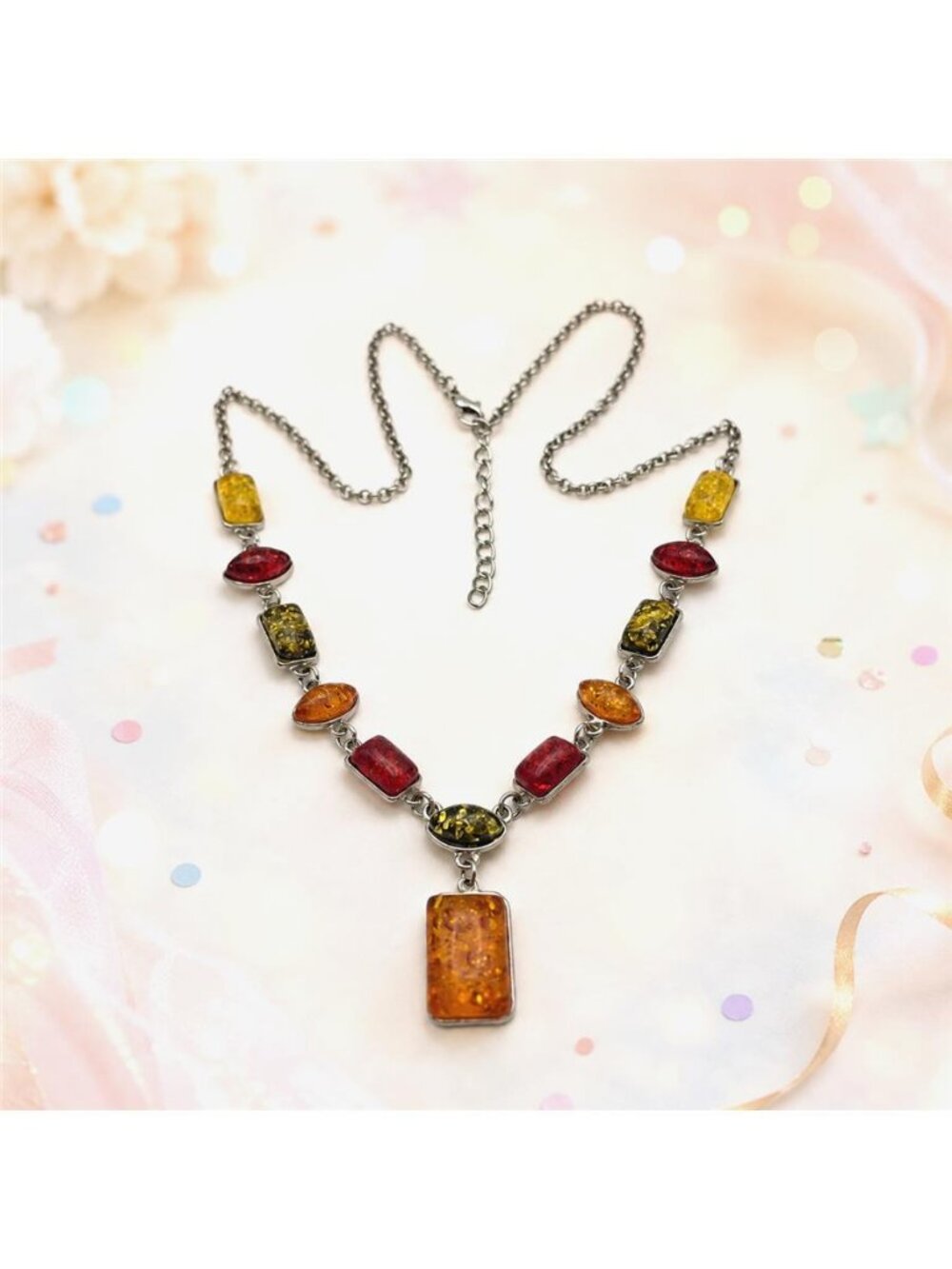 Multicolor Tutti Frutti Lucite Cabochon Drop Necklace Silver Tone 23" Vintage